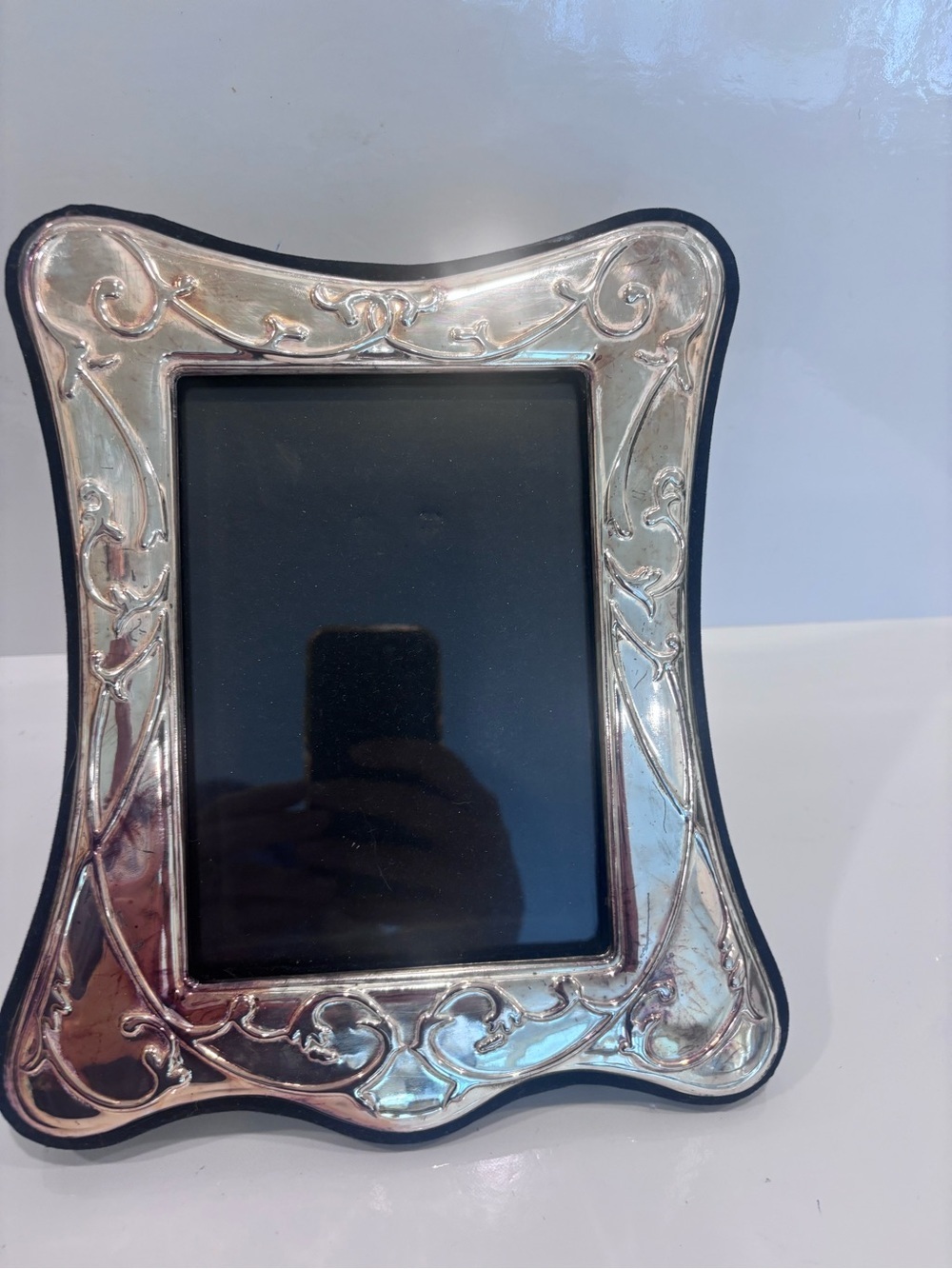 Vintage silver plated art nouveau picture frame 5x7 tabletop, black velvet